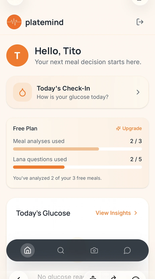 The everyday dashboard: check-ins, plan usage and glucose at a glance