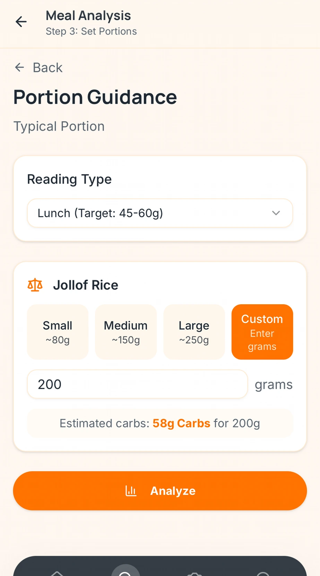 Meal analysis with portion guidance and carbohydrate estimates