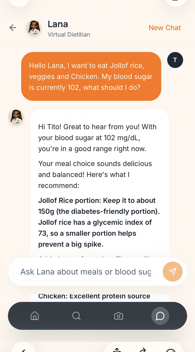 Lana, the virtual dietitian, guiding a real meal decision